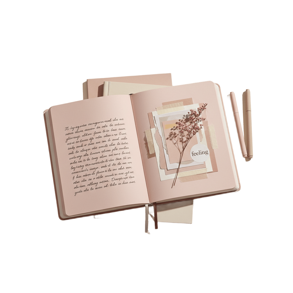 Journal creativo abierto con collage artístico sobre fondo marfil