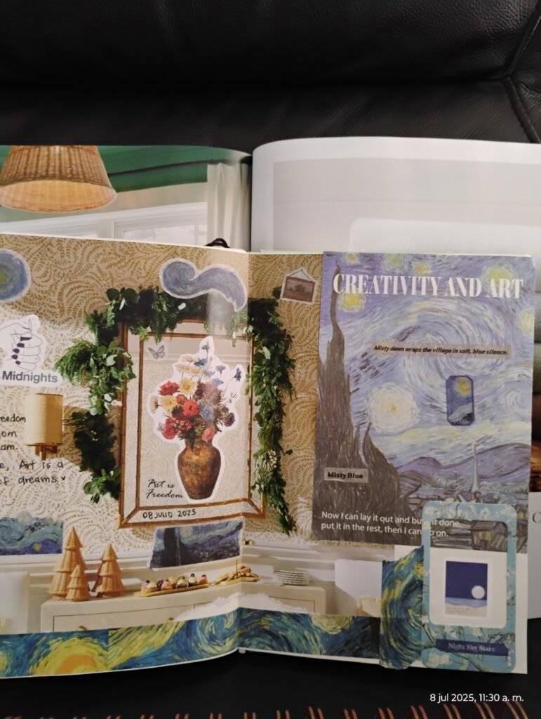 Moodboard creativo inspirado en arte clásico con collage estilo noche estrellada