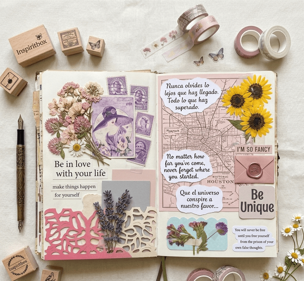 Vista aérea de un cuaderno de journaling creativo abierto (junk journal). La página izquierda muestra recortes de papel rosa, foil dorado, pegatinas de flamencos y una cita manuscrita en español sobre el universo conspirando. La página derecha, bajo el título 'NOTES', contiene reflexiones manuscritas honestas sobre la superposición y resiliencia. La imagen captura la belleza de la imperfección.