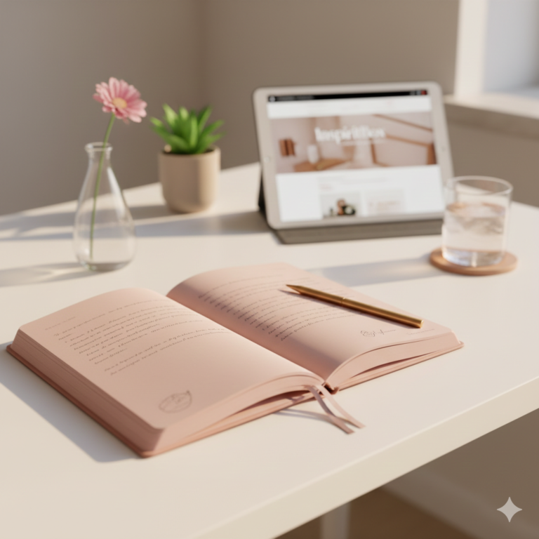 guía de journaling creativo con cuaderno abierto sobre escritorio claro