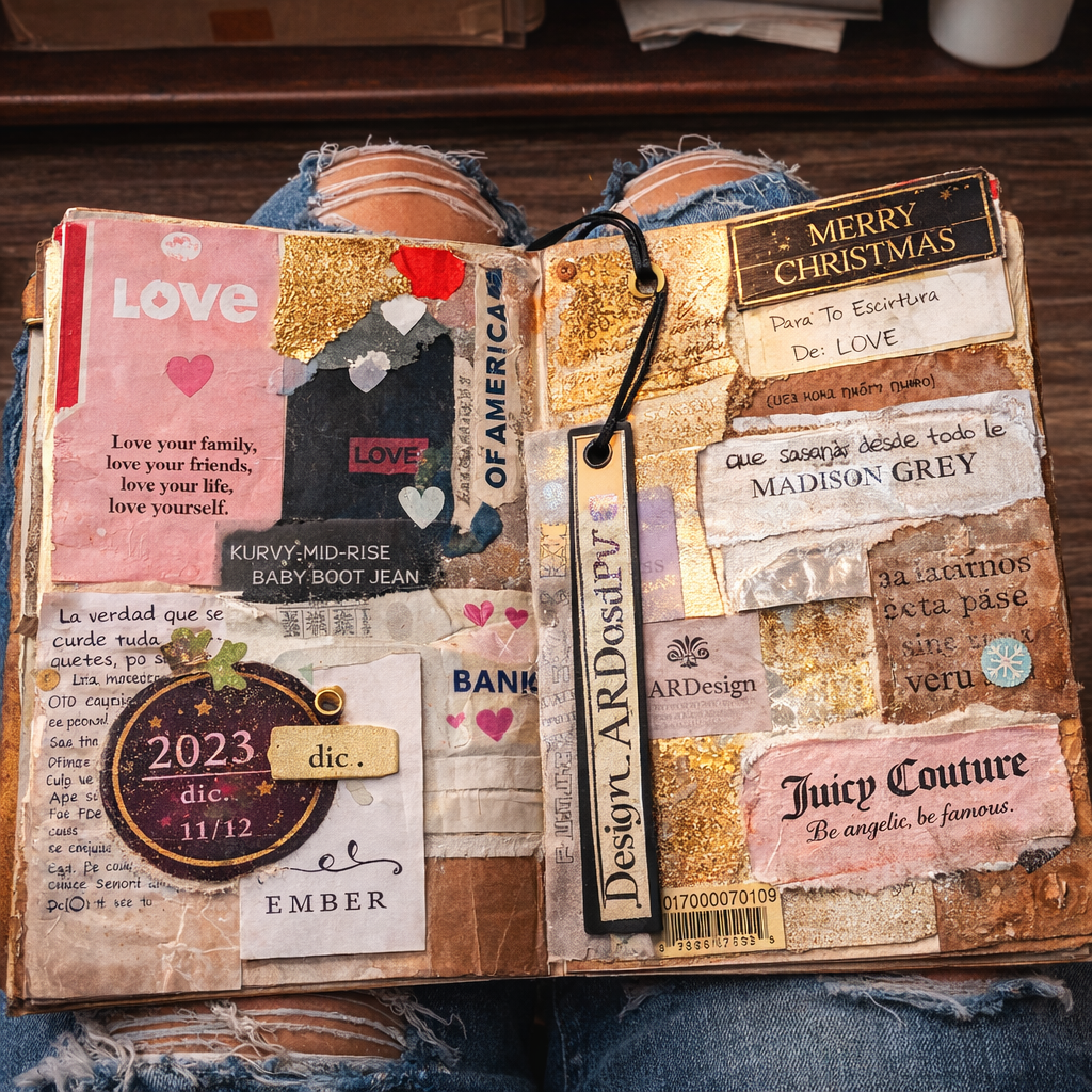 Junk journal abierto con collage de recuerdos personales, recortes vintage, frases motivacionales y composición artesanal estilo editorial