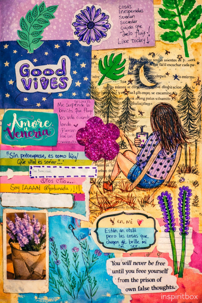 Junk journal colorido con collage artístico, ilustración femenina, frases Good Vibes y flores dibujadas en estilo creativo vibrante