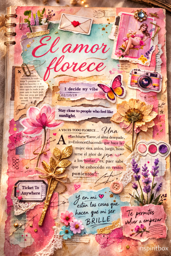 Página de junk journal romántica con frase “El amor florece”, flor prensada, mariposa y collage vintage en tonos pastel
