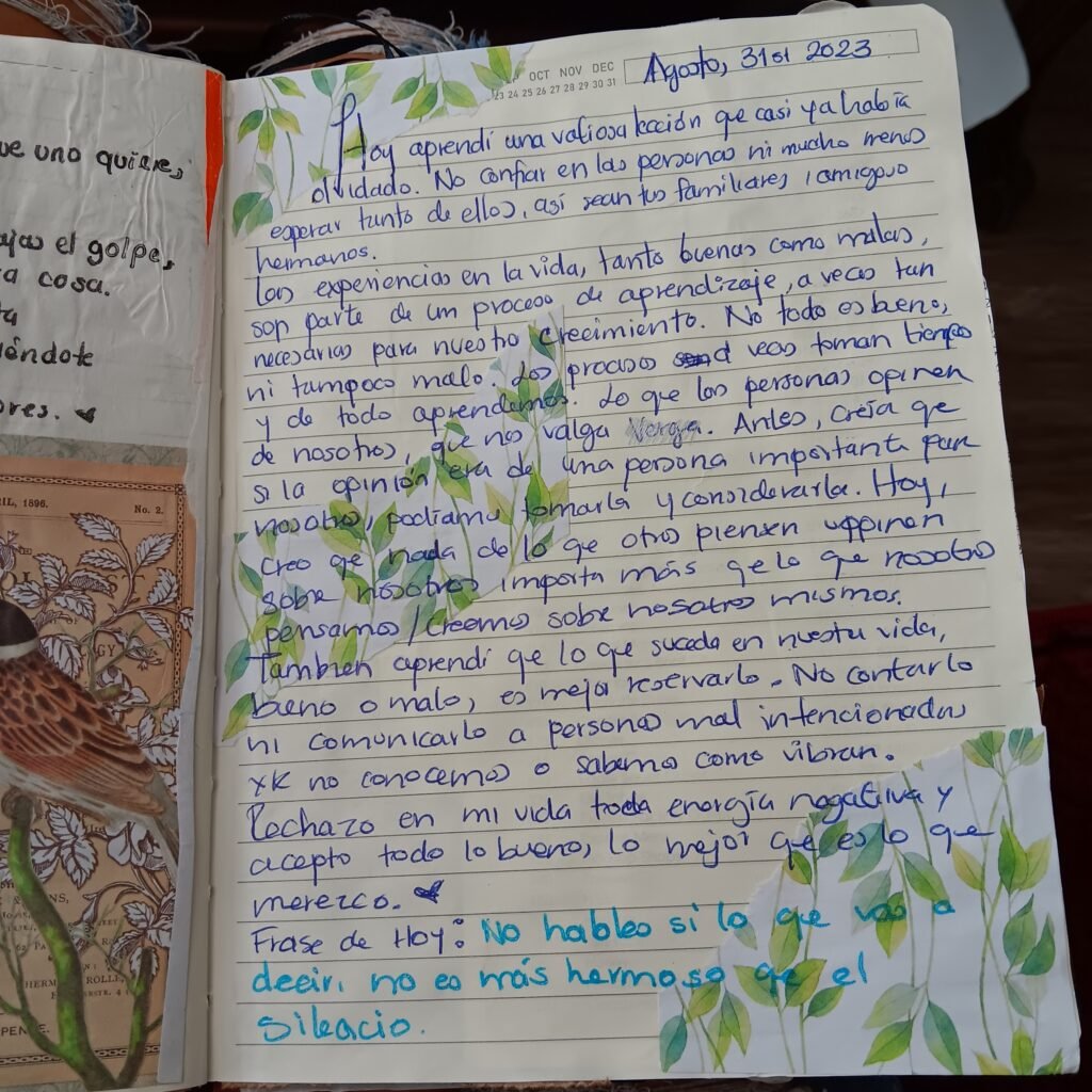 Spread de journaling reflexivo con escritura manuscrita sobre aprendizaje personal y límites emocionales en diario creativo