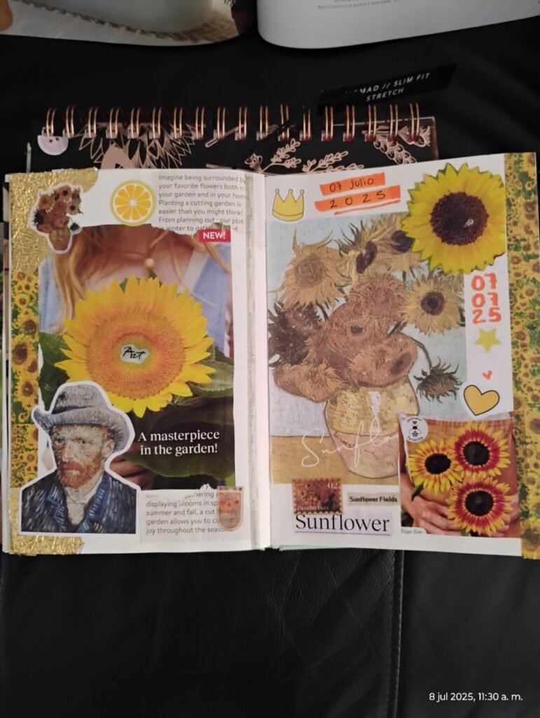 Moodboard creativo de girasoles inspirado en Van Gogh con collage artístico en journal