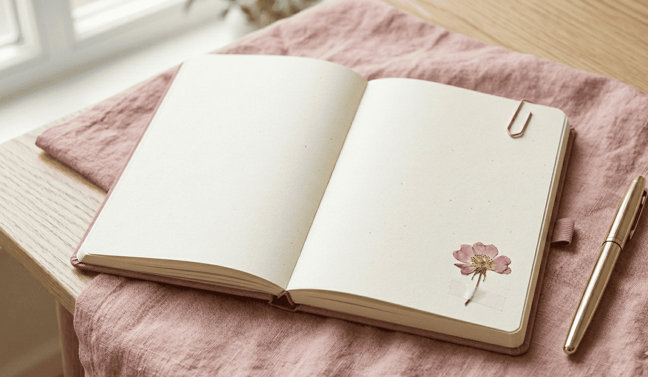 Vista superior de un cuaderno abierto con tapa de lino rosa sobre una tela del mismo color. En la página derecha hay una flor prensada y un clip rosa; a su lado, una elegante pluma estilográfica dorada.