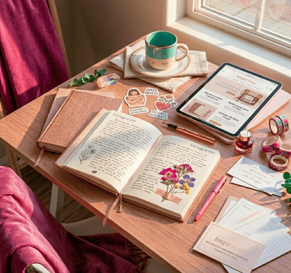 cuaderno abierto con spread y flores prensadas, ecosistema creativo de InspiritBox