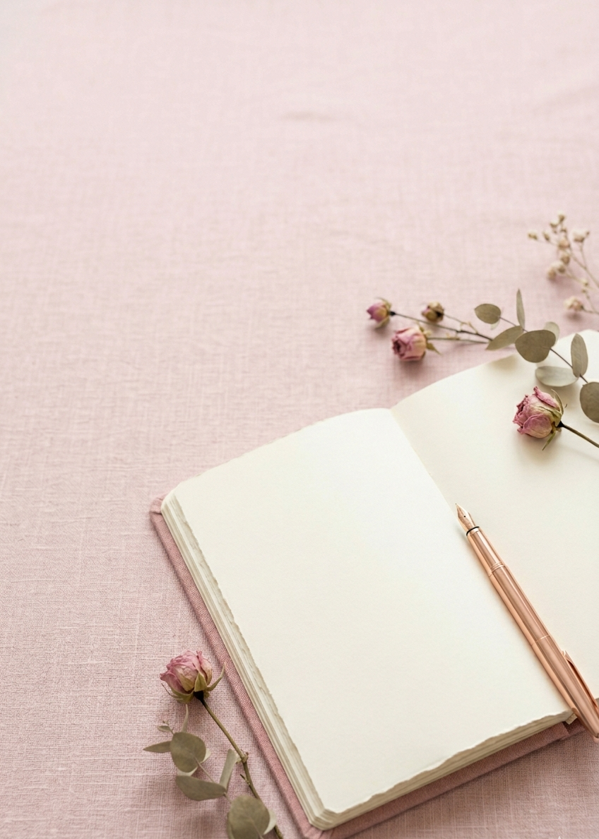 cuaderno journal aesthetic rosa, abierto, listo para escribir.