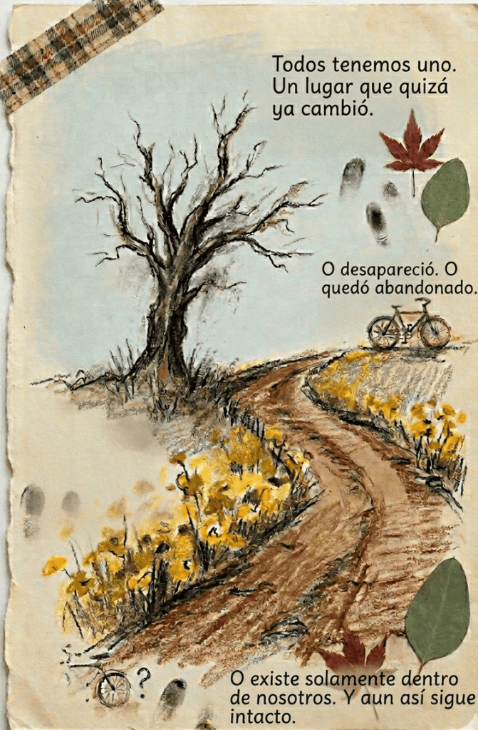 recuerdo dibujo con flores amarillas, arbol viejo y sendero de tierra