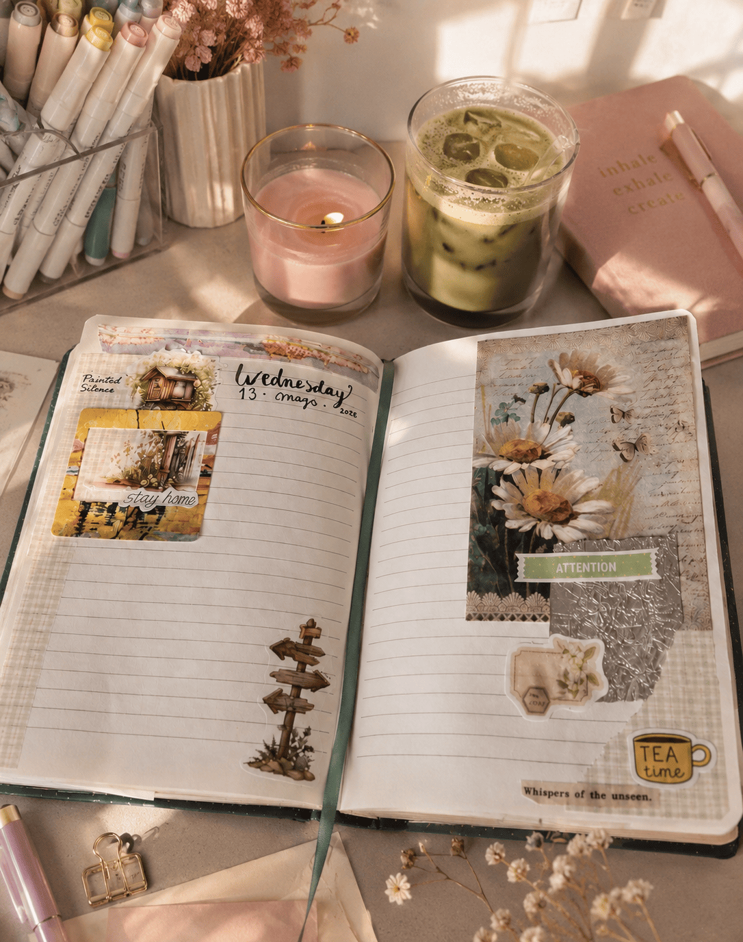 Diario personal abierto con flores secas y café helado sobre mesa de madera, representando el proceso de journaling reflexivo