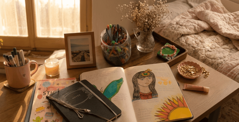 Espacio de trabajo acogedor con un cuaderno abierto de journaling, una taza de café, velas y papelería, reflejando una tarde tranquila de escritura y slow living.