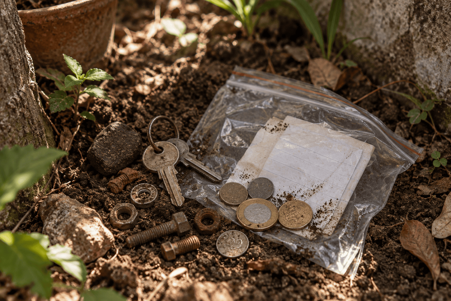 tierra de patio, unas llaves antiguas, monedas mexicanas, tornillos y tuercas, un pequeño papel doblado y vegetación alrededor, luz natural cálida, composición documental e íntima, ligeramente imperfecta, como una fotografía encontrada entre recuerdos familiares.