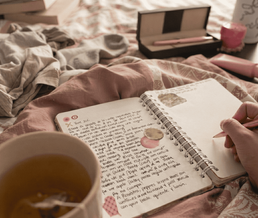 diario escrito a mano en ambiente comodo y taza de te