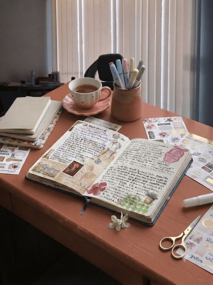 escritorio con cuaderno de journaling abierto, marcadores, stickers y accesorios creativos
